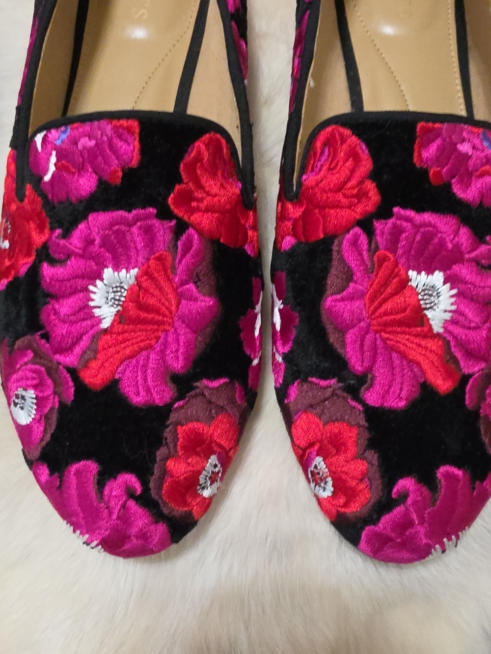 Talbots Black Plush Velvet Floral Loafers with Fuchsia and Red Embroidery - Picture 2 of 4